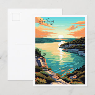 Postal Ilustracion de viaje vintage del Lake Travis Texas