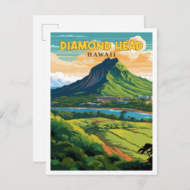 Postal Ilustracion de viaje vintage Diamond Head Hawaii (Anverso / Reverso)