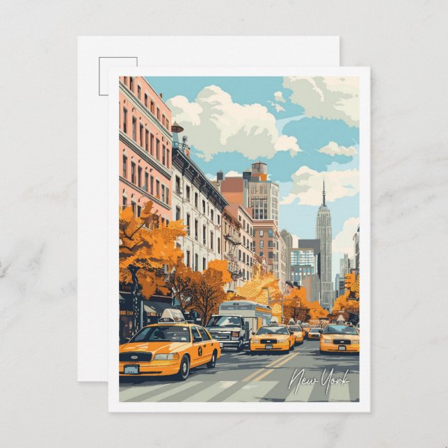 Postal Ilustracion de viajes amarillos en Nueva York (Anverso / Reverso)