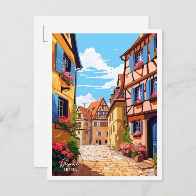 Postal Ilustracion de viajes artístico de Alsace France (Anverso / Reverso)