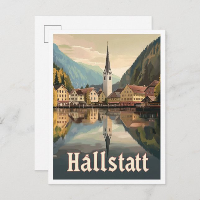 Postal Ilustracion de viajes artístico de Hallstatt Austr (Anverso / Reverso)