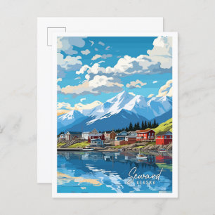 Postal Ilustracion de viajes artístico Seward Alaska