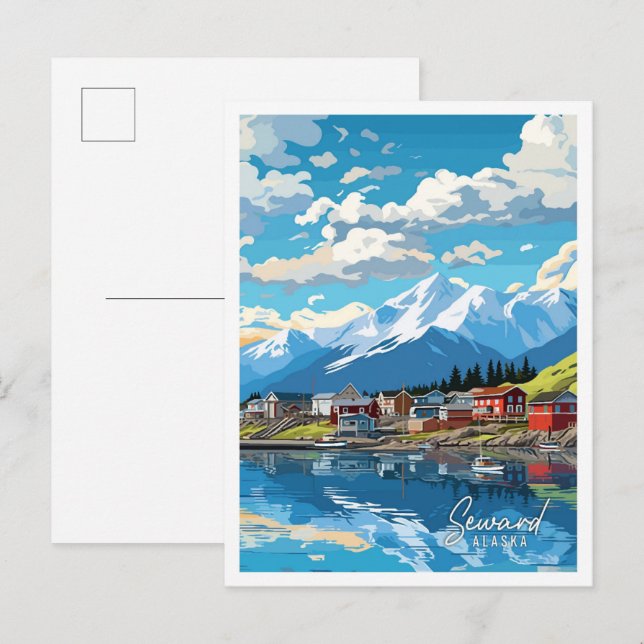 Postal Ilustracion de viajes artístico Seward Alaska (Anverso / Reverso)