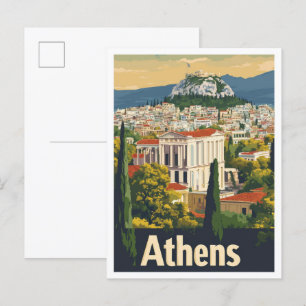 Postal Ilustracion de viajes artístico vintage de Atenas 