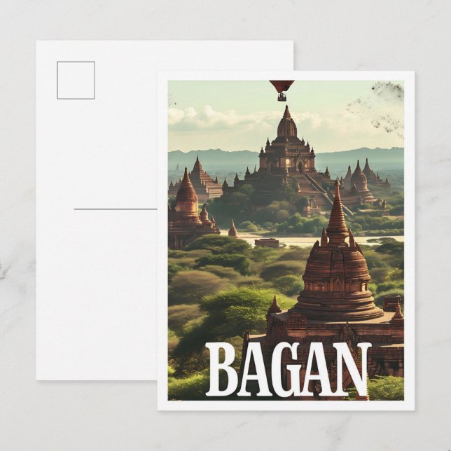Postal Ilustracion de viajes artísticos de Bagan Myanmar (Anverso / Reverso)