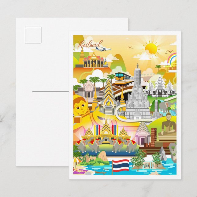 Postal Ilustracion de viajes artísticos de Bangkok Tailan (Anverso / Reverso)