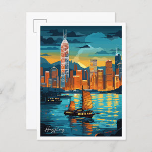 Postal Ilustracion de viajes artísticos de Hong Kong