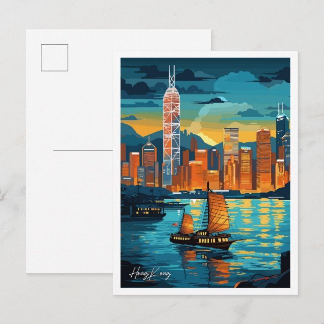 Postal Ilustracion de viajes artísticos de Hong Kong (Anverso / Reverso)