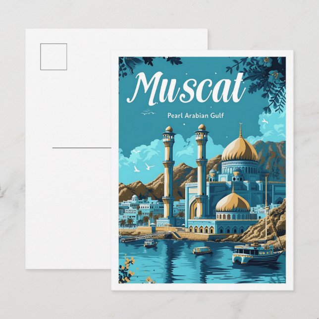 Postal Ilustracion de viajes artísticos de Mascate Oman (Anverso / Reverso)
