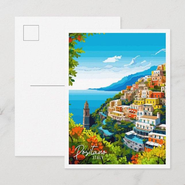 Postal Ilustracion de viajes artísticos de Positano Itali (Anverso / Reverso)