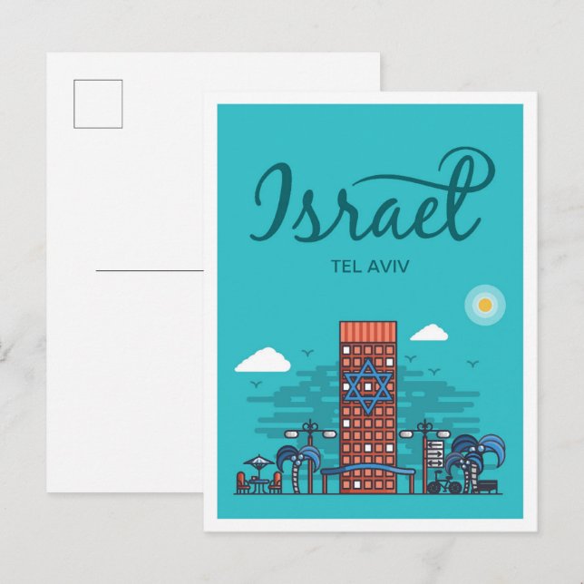 Postal Ilustracion de viajes artísticos de Tel Aviv Israe (Anverso / Reverso)
