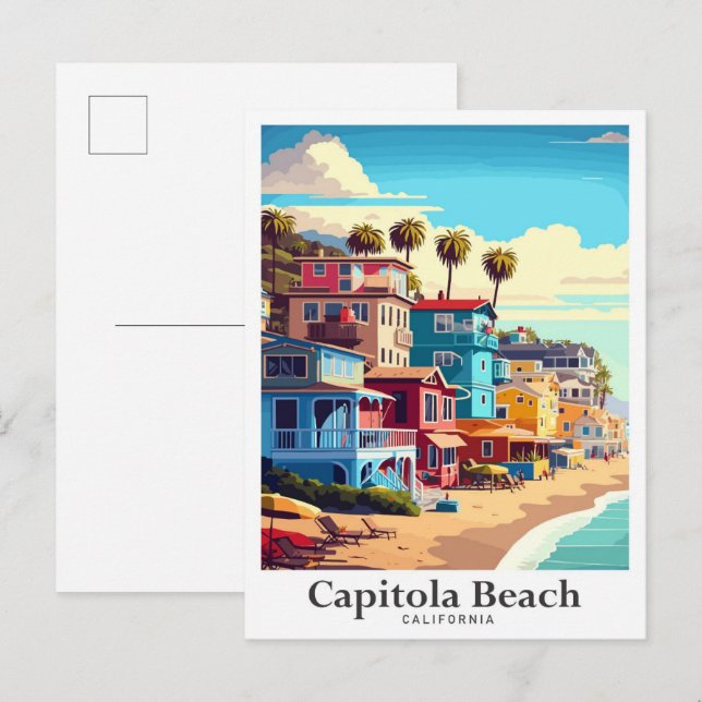 Postal Ilustracion de viajes Capitola Beach California (Anverso / Reverso)