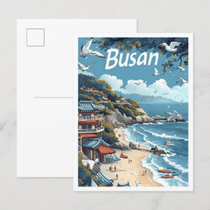 Postal Ilustracion de viajes de arte antiguo de Busan en 