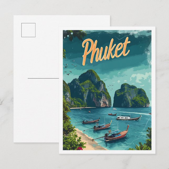 Postal Ilustracion de viajes de arte antiguo de Phuket Th (Anverso / Reverso)