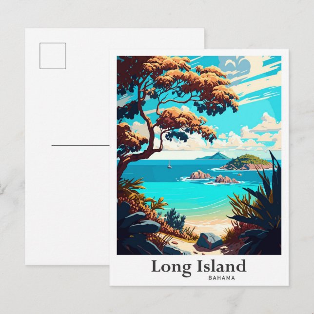 Postal Ilustracion de Viajes de Arte Bahama de Long Islan (Anverso / Reverso)