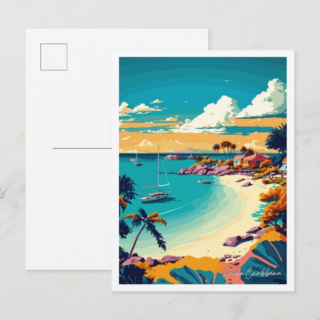 Postal Ilustracion de viajes de arte caribeño de Aruba (Anverso / Reverso)
