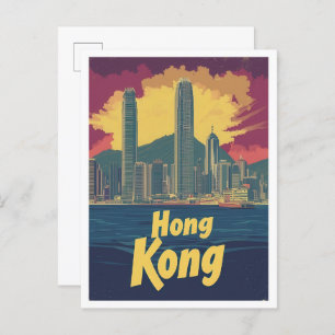 Postal Ilustracion de viajes de arte chino de Hong Kong