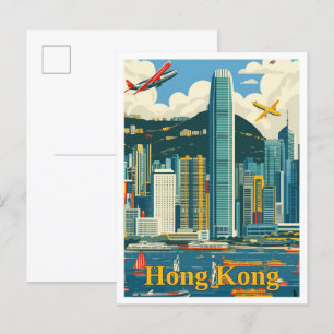 Postal Ilustracion de viajes de arte chino de Hong Kong