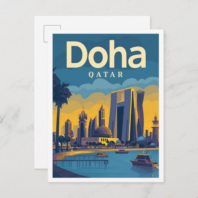 Postal Ilustracion de viajes de arte cosechado en Doha Qa (Anverso / Reverso)