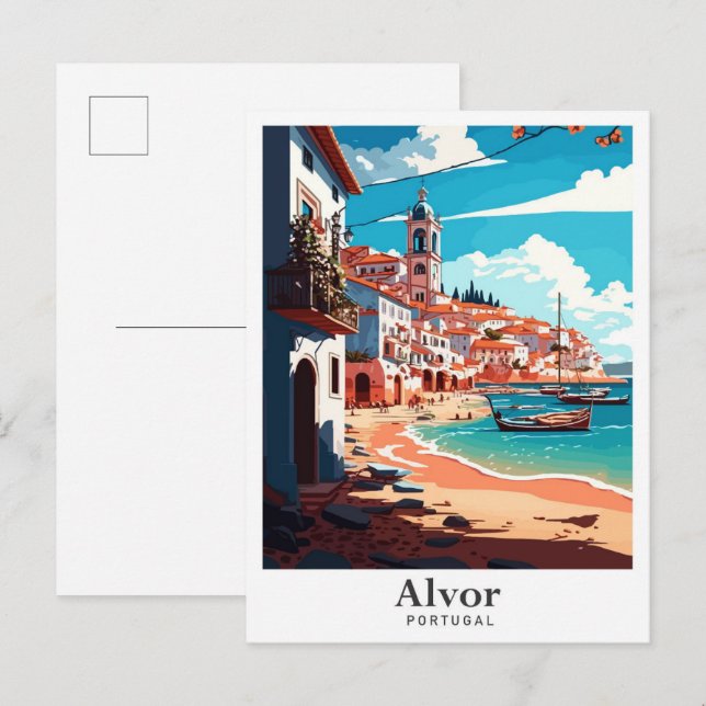 Postal Ilustracion de Viajes de Arte de Alvor Portugal (Anverso / Reverso)