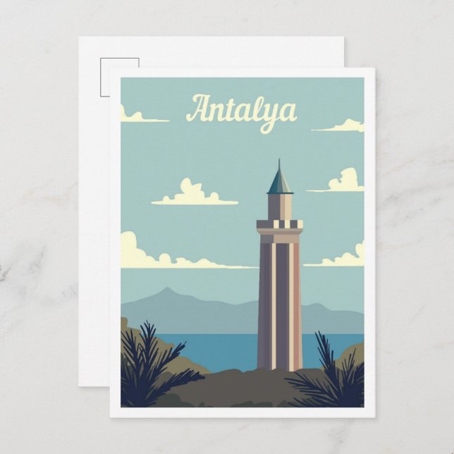 Postal Ilustracion de viajes de arte de Antalya Turkey (Anverso / Reverso)