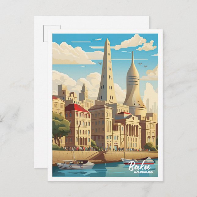 Postal Ilustracion de viajes de arte de Azerbaiyán de Bak (Anverso / Reverso)