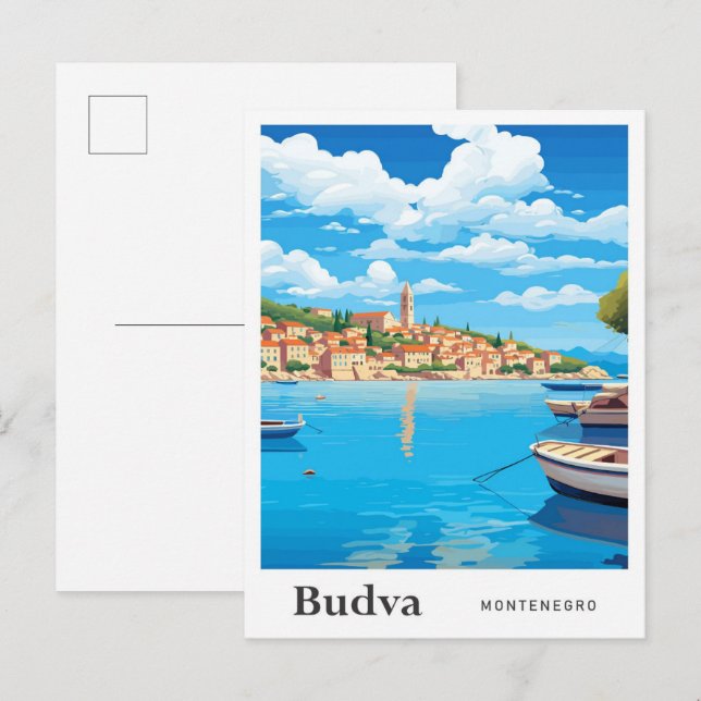 Postal Ilustracion de Viajes de Arte de Budva Montenegro (Anverso / Reverso)