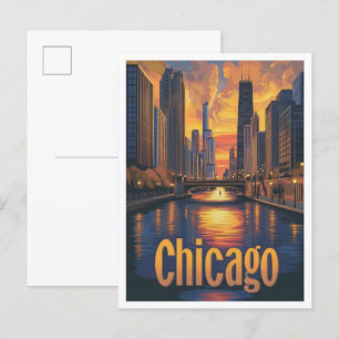 Postal Ilustracion de Viajes de Arte de Chicago Illinois