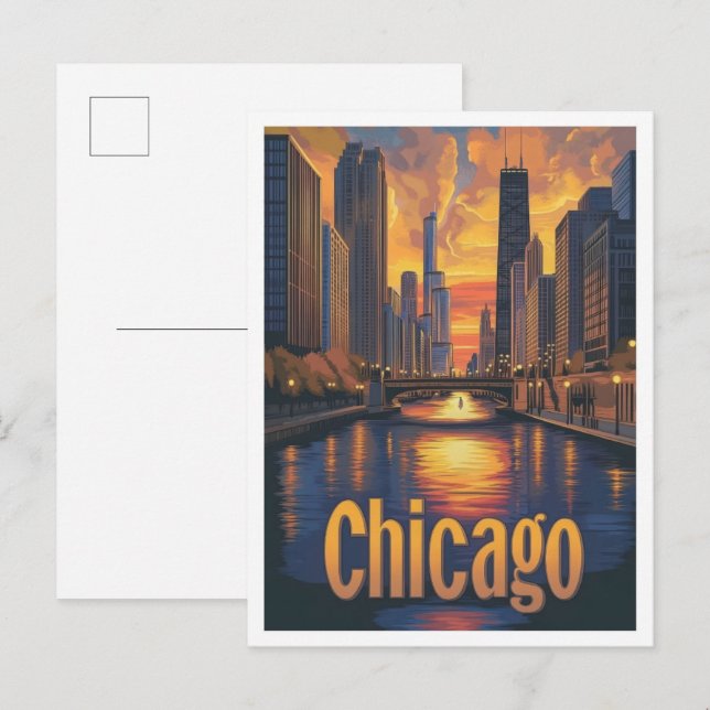 Postal Ilustracion de Viajes de Arte de Chicago Illinois (Anverso / Reverso)