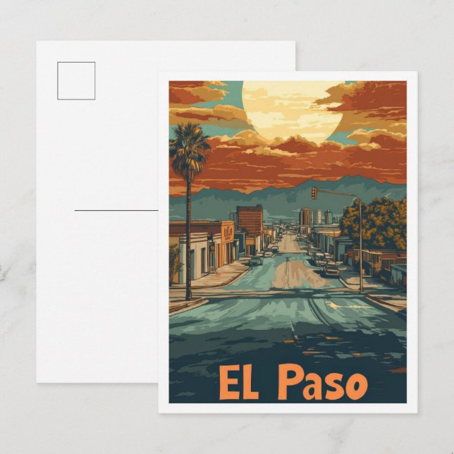 Postal Ilustracion de viajes de arte de El Paso Texas USA (Anverso / Reverso)