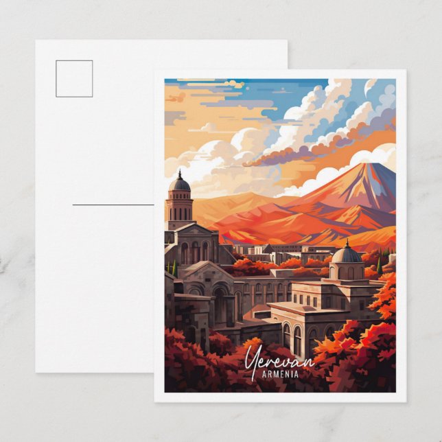 Postal Ilustracion de viajes de arte de Ereván Armenia (Anverso / Reverso)