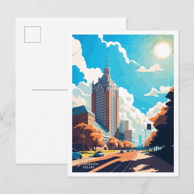Postal Ilustracion de viajes de arte de Katowice Poland (Anverso / Reverso)