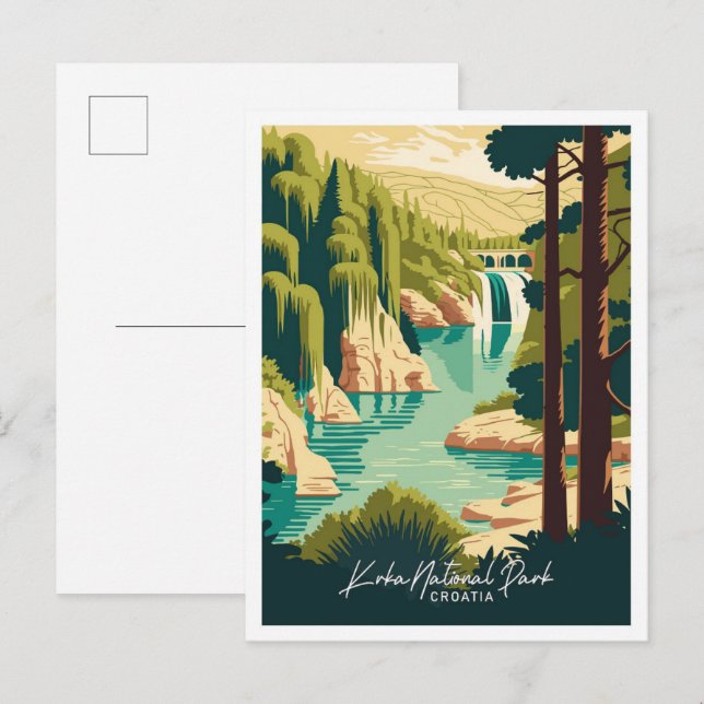 Postal Ilustracion de viajes de arte de Krka Croatia (Anverso / Reverso)