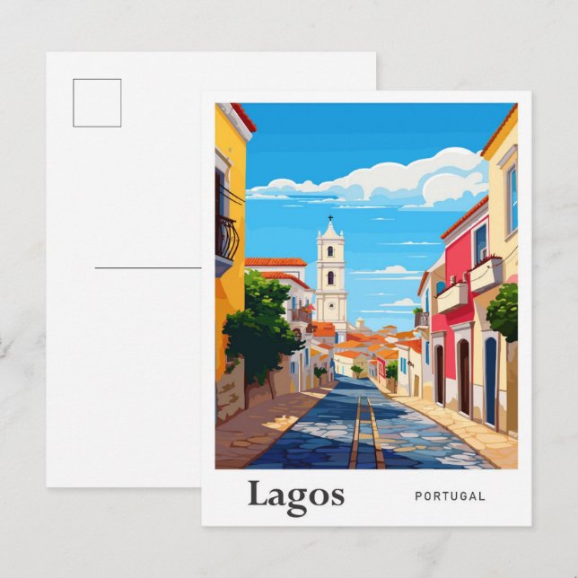 Postal Ilustracion de Viajes de Arte de Lagos Portugal (Anverso / Reverso)