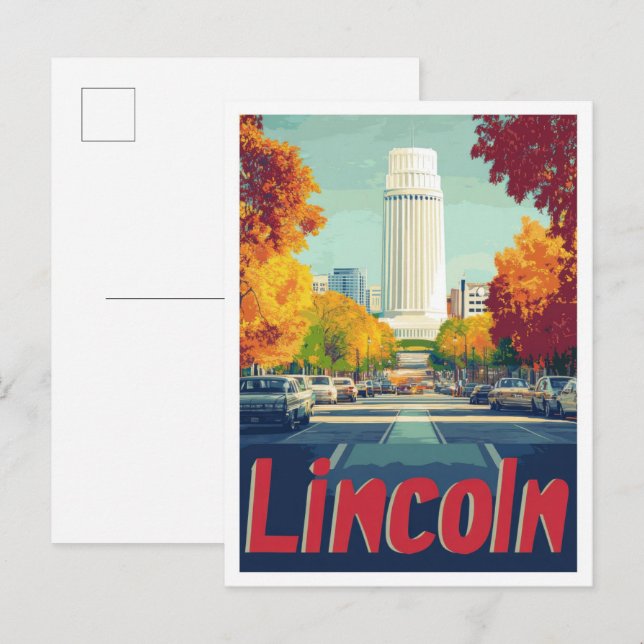 Postal Ilustracion de Viajes de Arte de Lincoln Nebraska (Anverso / Reverso)