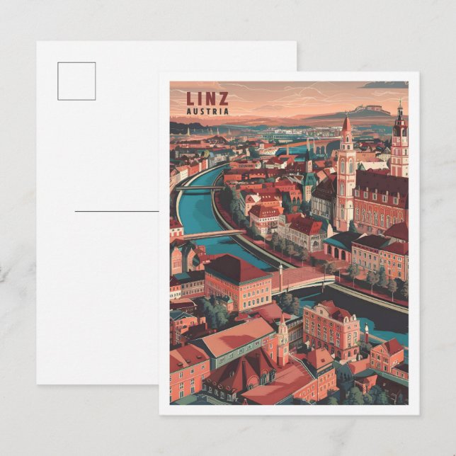 Postal Ilustracion de viajes de arte de Linz Austria (Anverso / Reverso)