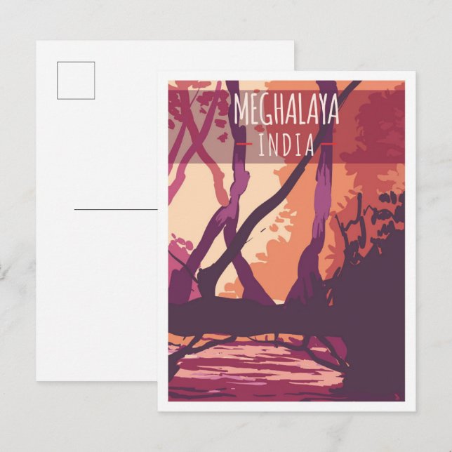 Postal Ilustracion de viajes de arte de Meghalaya India (Anverso / Reverso)
