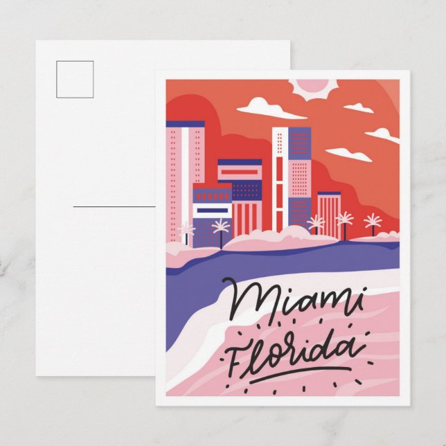 Postal Ilustracion de viajes de arte de Miami Florida (Anverso / Reverso)