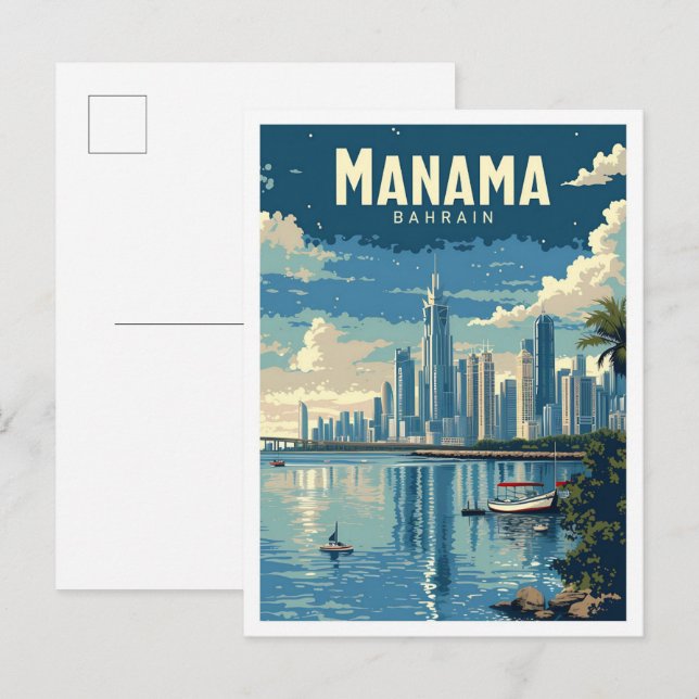 Postal Ilustracion de viajes de arte de moda en Manama Ba (Anverso / Reverso)