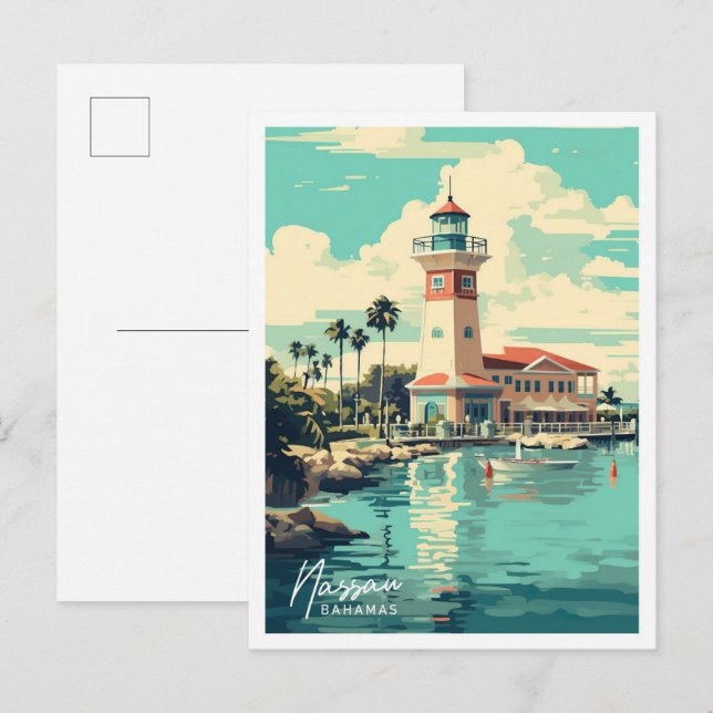 Postal Ilustracion de viajes de arte de Nassau Bahamas (Anverso / Reverso)
