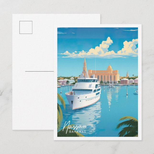 Postal Ilustracion de viajes de arte de Nassau Bahamas (Anverso / Reverso)