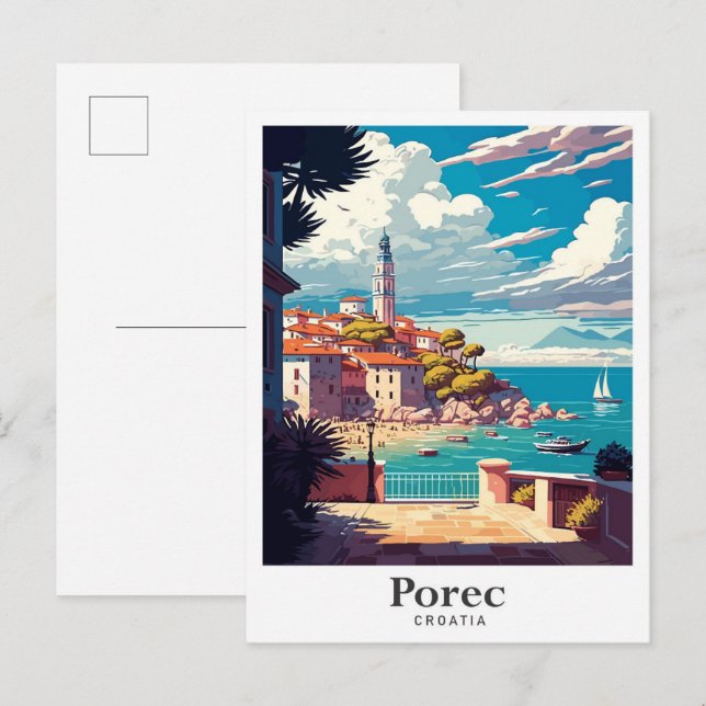 Postal Ilustracion de viajes de arte de Porec Croatia (Anverso / Reverso)