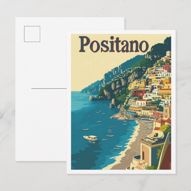 Postal Ilustracion de Viajes de Arte de Positano Italia (Anverso / Reverso)
