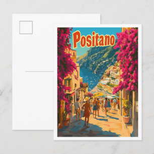 Postal Ilustracion de Viajes de Arte de Positano Italia