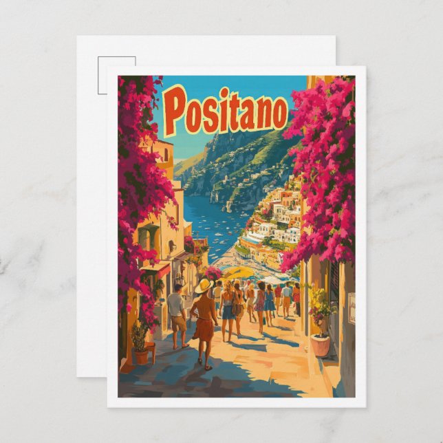 Postal Ilustracion de Viajes de Arte de Positano Italia (Anverso / Reverso)
