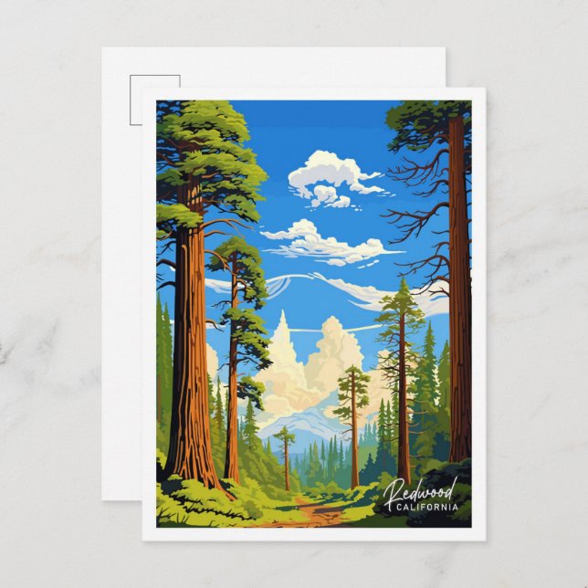 Postal Ilustracion de viajes de arte de Redwood Californi (Anverso / Reverso)