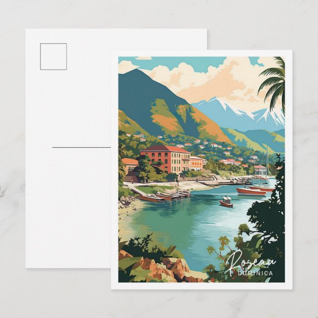 Postal Ilustracion de viajes de arte de Roseau Dominica (Anverso / Reverso)