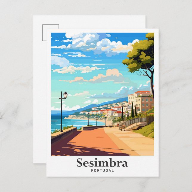 Postal Ilustracion de Viajes de Arte de Sesimbra Portugal (Anverso / Reverso)
