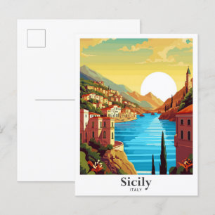 Postal Ilustracion de Viajes de Arte de Sicilia Italia