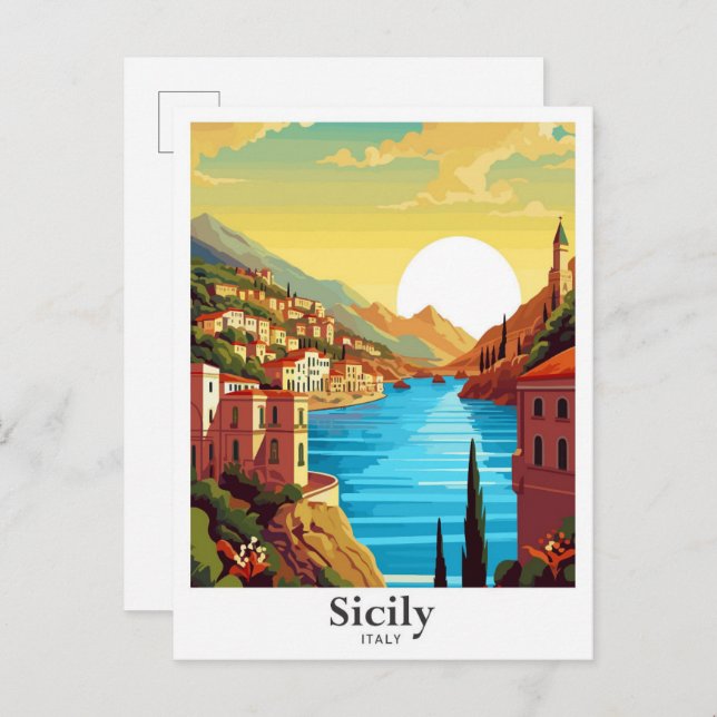 Postal Ilustracion de Viajes de Arte de Sicilia Italia (Anverso / Reverso)